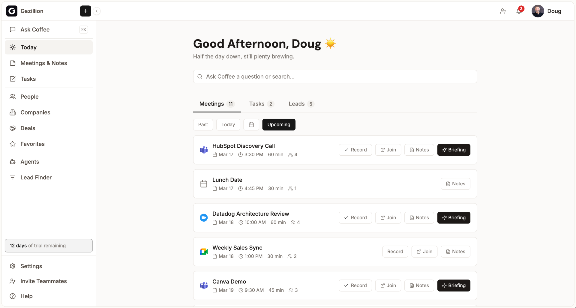 Coffee AI CRM dashboard showing automated contact enrichment, deal pipeline tracking, and meeting intelligence