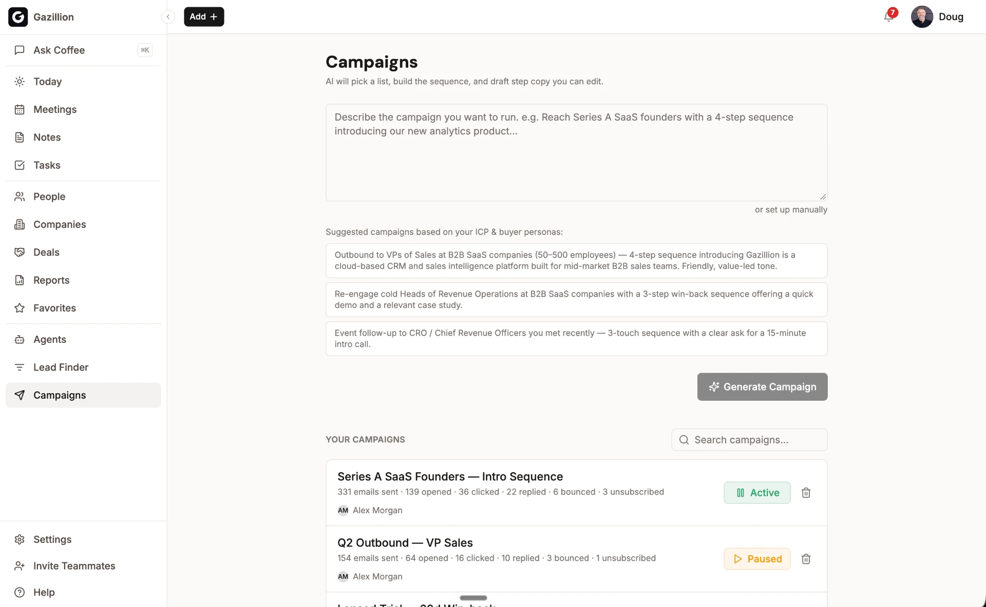 Coffee screenshot showing lead generation